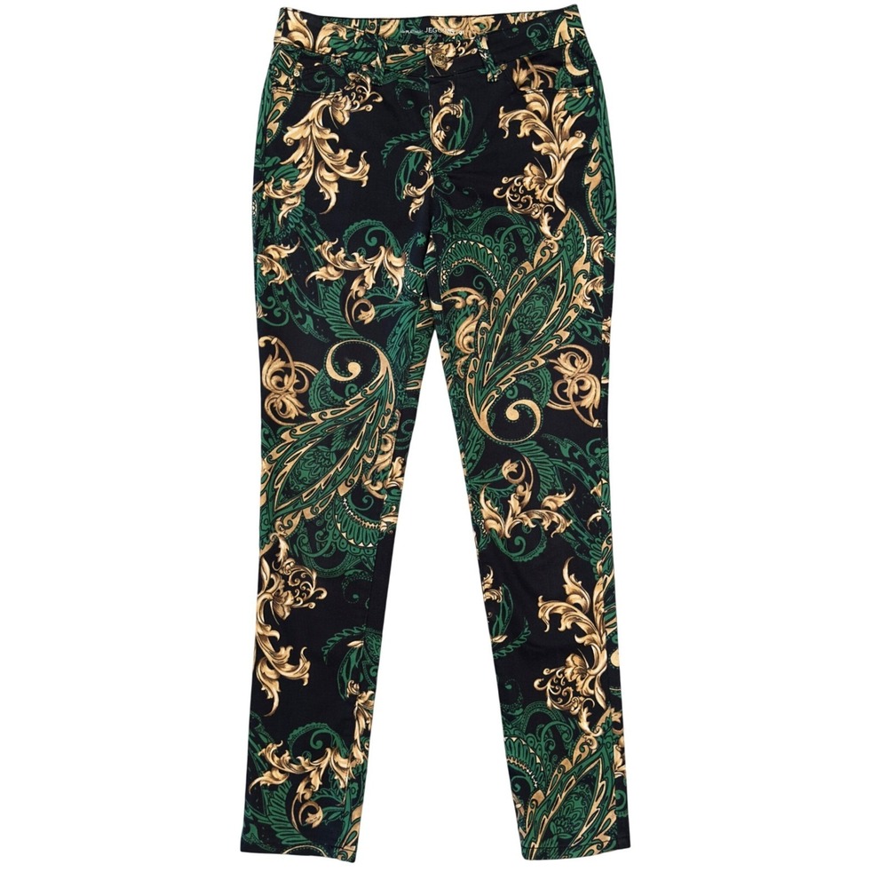 Chico's Platinum Baroque Paisley Jeggings Green Gold Black Pull On 00|XS|2